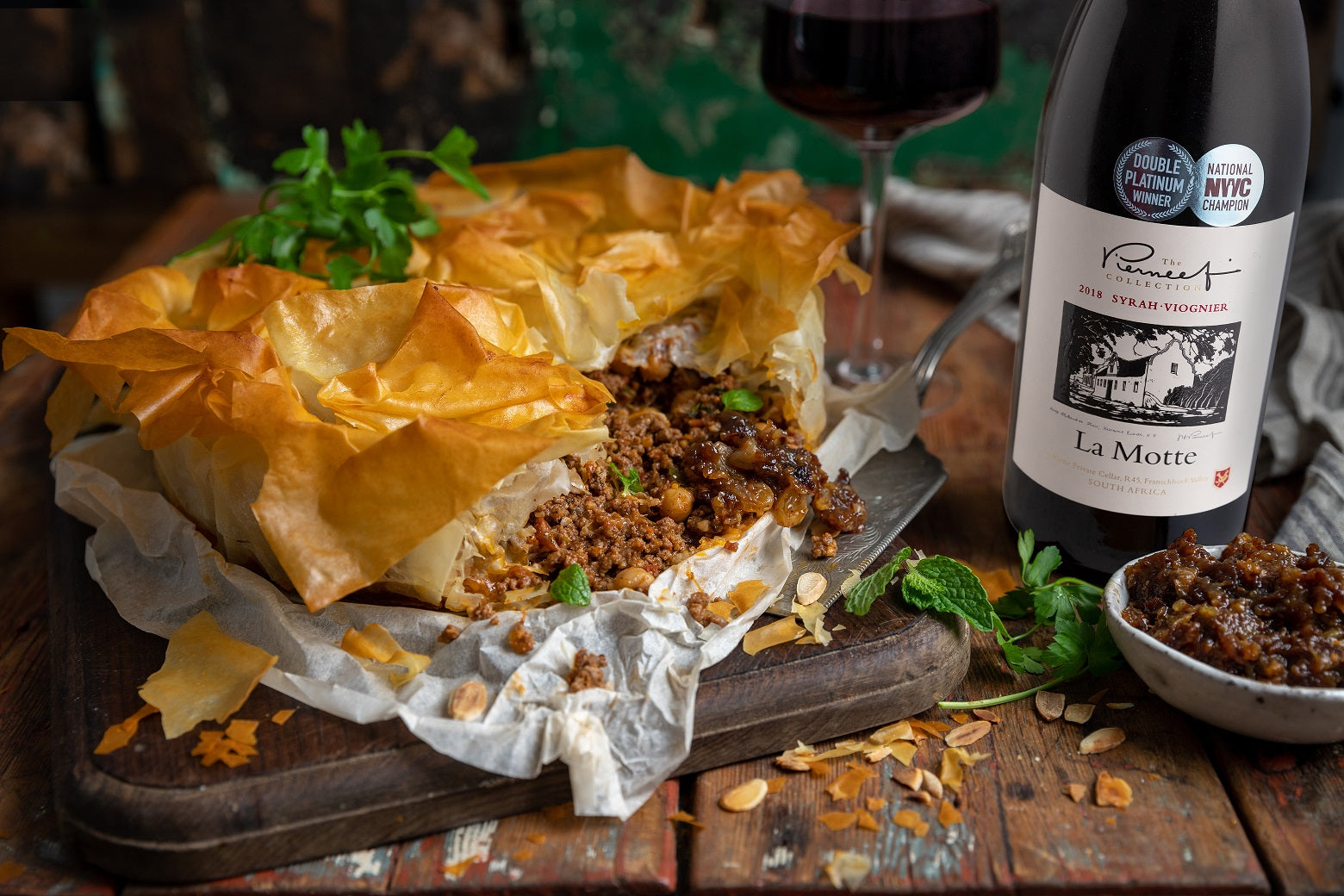 Moroccanspiced lamb mince phyllo pie with dried fruit compote